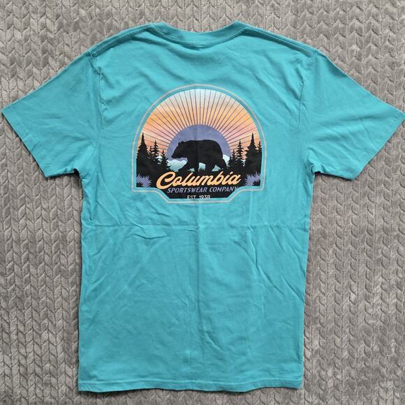 Columbia Men's Kujo‎ Graphic T-Shirt Size Medium Teal Blue Bear Sunrise - Picture 6 of 7